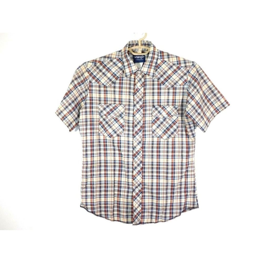Wrangler Western Pearl Snap Button Shirt Long Sleeve Blue & Tan Plaid